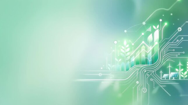 In a dimly lit environment, digital particles drift in as a glowing green growth chart icon materializes, pulsing softly against a blurred backdrop of soft greens, settling into a serene final frame.