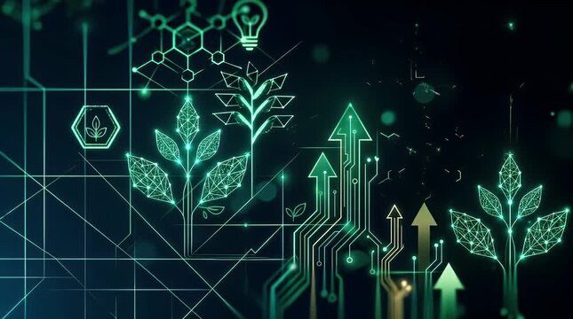 In a dim environment, glowing digital elements slowly materialize into a vibrant leaf and arrows graphic, gently pulsing with light, as soft bokeh creates an ambient atmosphere.