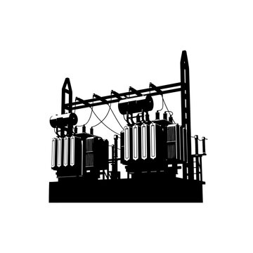 Silhouette of Industrial Electrical Transformers on White Background.