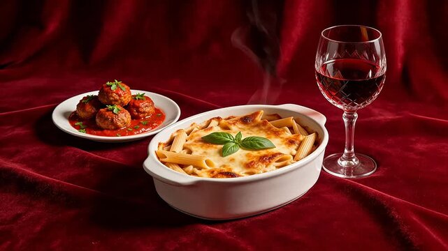 Pasta dish with meatballs and wine