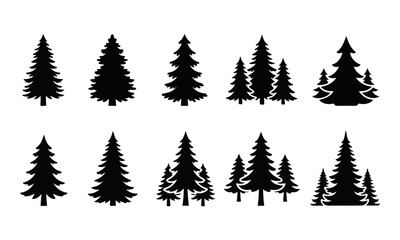 Fototapeta premium Set of Black Pine Tree and Christmas Tree Silhouette Vector Icons