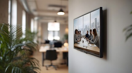 Plakat A collaborative business meeting takes place in a modern plant filled office with a digital city skyline view