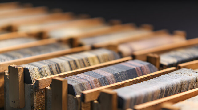 Geological core samples in wooden trays