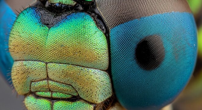 Extreme Macro Close-up of a Dragonflys Iridescent Compound Eye and Thorax.