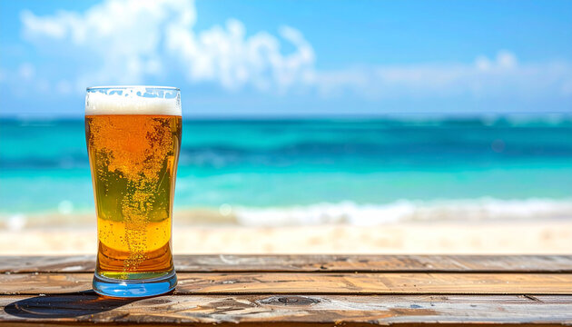 冷えたビールが入ったグラスと青い海と砂浜の背景　夏のバカンスをイメージさせる爽やかな飲料広告用写真素材　コピースペースのある屋外の木製テーブル上のアルコール飲料