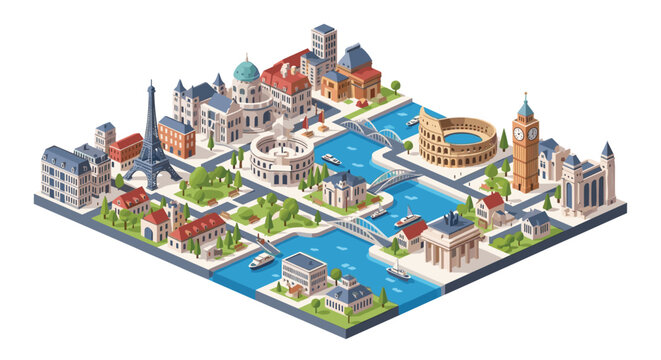 A vibrant isometric city map features iconic European landmarks including the Eiffel Tower and Colosseum connected by blue rivers and elegant stone bridges.