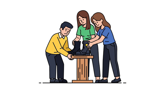 Three People Examining Black Boots on a Wooden Table.