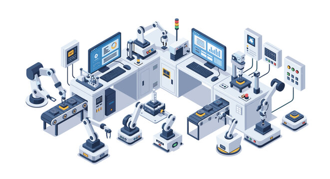 Meticulous isometric industrial automation factory floor features multiple white robotic arms operating blue conveyor belts under bright clinical light.