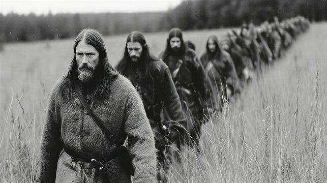 Line of bearded men marching through tall grassy field in medieval cloaks and tunics. Viking warriors on historical expedition