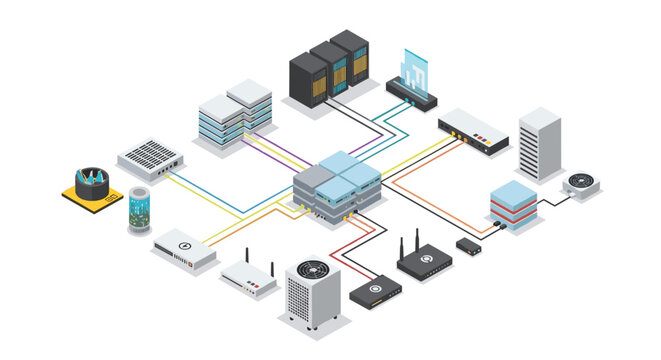 A detailed isometric layout displays diverse server hardware, network routers, and cooling units interconnected by a central hub with vibrant multi-colored wiring paths.