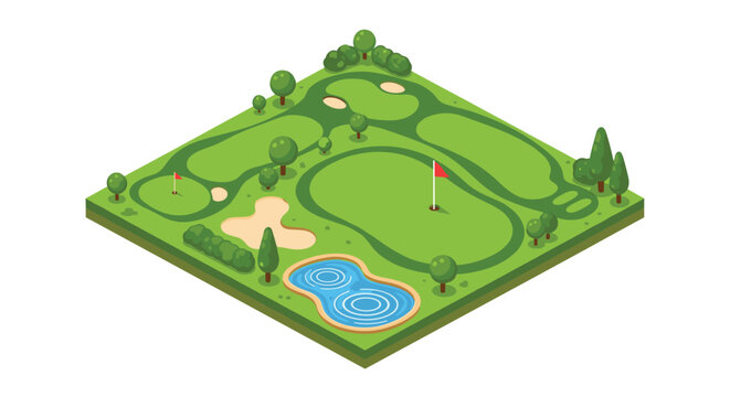 A lush isometric landscape illustrates a sprawling golf course featuring meticulously manicured greens, strategic sand bunkers, and a tranquil blue pond.