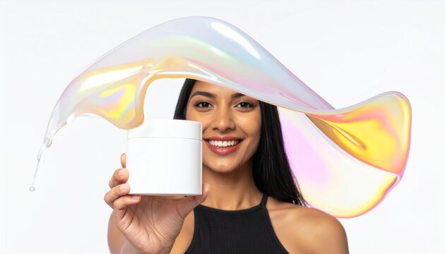 Minimalist Woman Holding Cosmetic Jar Mockup in Clean Outfit