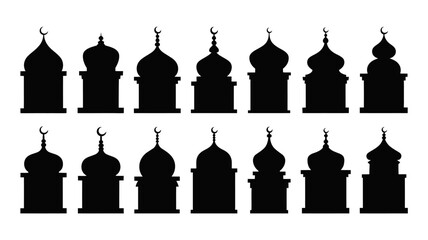 A collection of black silhouette illustrations showcases various ornate islamic domes and crescent moon finials high quality professional detailed modern elegant stylish clean crisp vibrant colorful © MdRafiqul