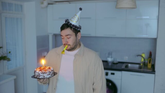 Medium Shot One Sad Man Standing Holding Birthday Cake Blowing Horn
