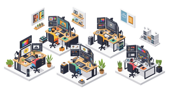 A vibrant isometric illustration depicts a bustling creative studio where multiple designers work at advanced dual-monitor stations in a bright workspace.
