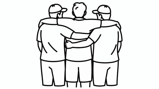 A simple black and white line drawing depicts three men with their arms around each other forming a tight knit group high quality professional detailed modern