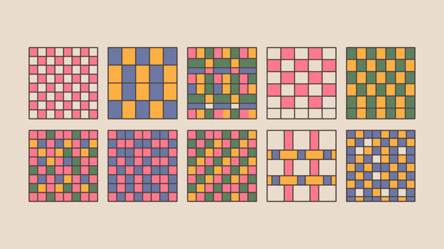 A collection of nine square grids showcases varying arrangements of colorful blocks displaying a playful and abstract geometric pattern high quality professional detailed modern elegant stylish