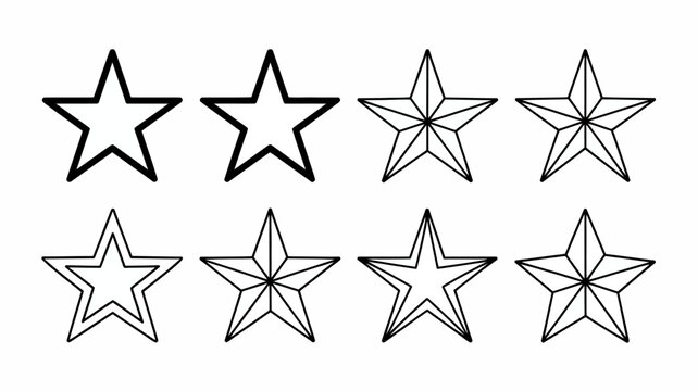 A collection of eight black and white stars with varying numbers of points arranged in a 2x4 grid on a plain white background high quality professional
