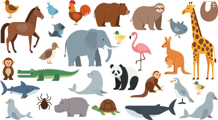 Fototapeta premium Animals Collection with Wild, Farm, and Sea Creatures Including Elephant, Giraffe, Panda, Shark, Seal, and Bird for Kids Design and Vector Illustration Set.