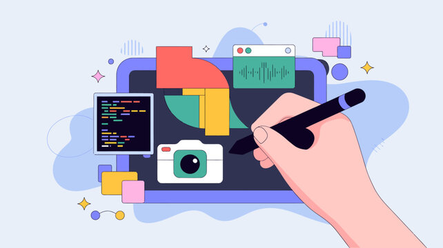 A hand utilizes a stylus on a digital tablet showcasing various creative software interfaces and design elements high quality professional detailed modern elegant stylish clean crisp