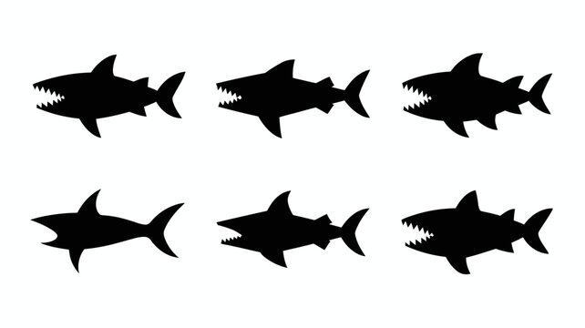 A minimalist graphic displays six silhouetted sharks of varying poses against a clean white background creating a striking visual pattern high quality professional detailed modern elegant