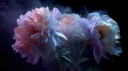 Obraz premium Delicate Pink And White Peonies Bloom With Ethereal Smoke Swirling Around Petals Under Moody Blue And Purple Lighting Against A Dark Background