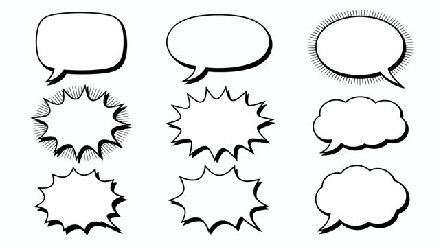 A collection of various black and white comic book speech bubbles and thought balloons are displayed on a plain white background high quality professional detailed modern