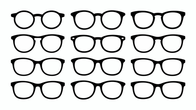 A collection of twelve different styles of black eyewear frames is displayed in a grid arrangement on a plain white background high quality professional detailed modern