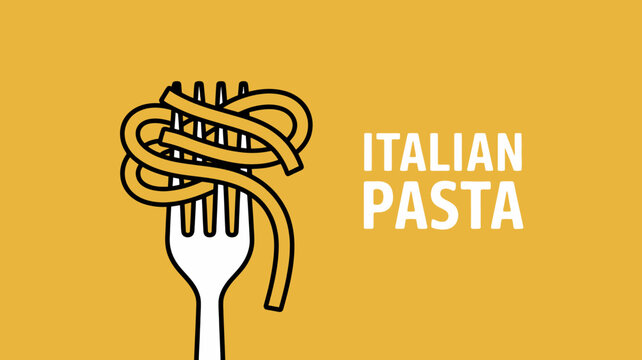 A simple graphic depicts a white fork twirling strands of golden pasta accompanied by the text italian pasta in bold lettering high quality professional detailed modern