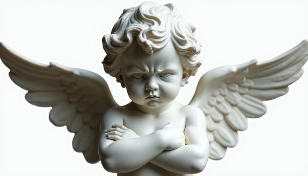 White marble cherub statue with wings is angry. It has crossed arms and curly hair. Isolated on white background, this sculpture looks classic and decorative.