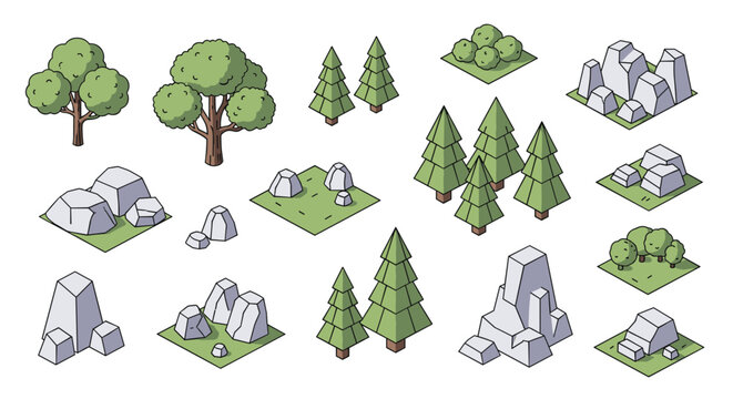 A collection of low-poly isometric nature assets including green pine trees and various grey rock formations is presented on a clean white background.