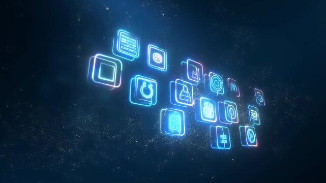 In a dim environment, glowing digital icons materialize with a soft pulse, surrounded by drifting particles. The scene is illuminated with ambient light, creating a futuristic atmosphere. Slow push-in