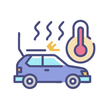 Car overheating symbol with thermometer and steam, flat design illustration
