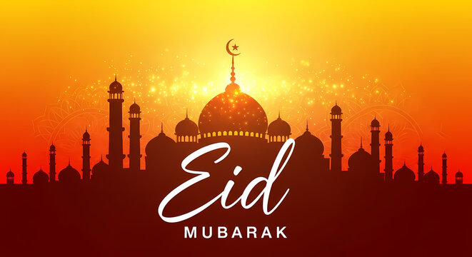 The majestic silhouette of mosque minarets and domes stands against a vibrant orange and yellow sunset sky with sparkling lights.