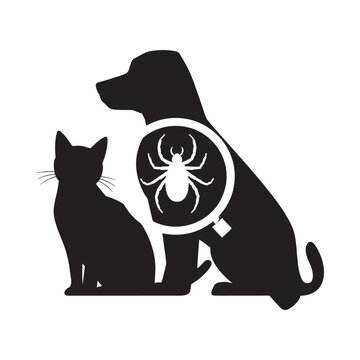 Black silhouettes of a cat dog and a magnified tick within a circle