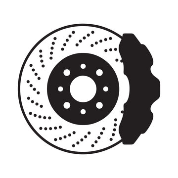 Simple black and white illustration of a car brake disc and caliper