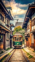 Fototapeta premium Traditional Japanese street scene with old tram in rural town