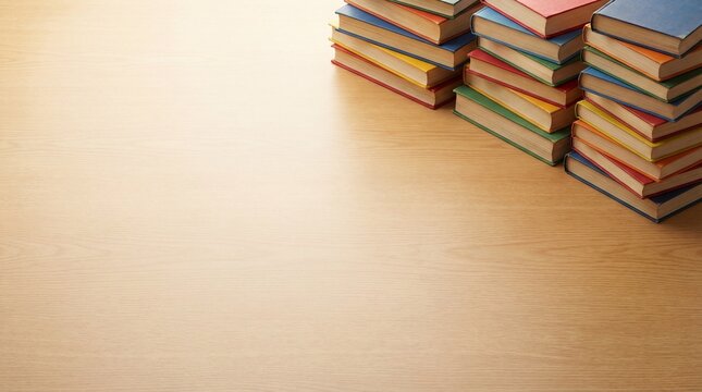 Colorful stacks of hardback books arranged on a light wooden table background