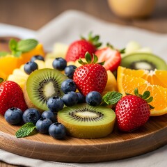 Obraz premium Fresh Fruit Salad Platter with Strawberries Kiwi Blueberries and Oranges.