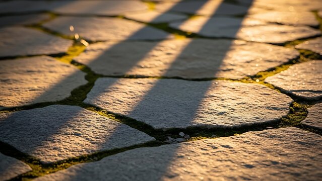 Close up of sunlit stone pathway with moss growing between natural irregular shapes