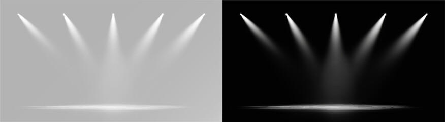 Fototapeta premium Stage lighting fixtures with dynamic white spotlights beams, realistic studio illumination effects with soft floor reflections and halos for concert performance or theatrical show scene