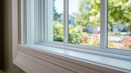 Fototapeta premium Close-up of a newly installed window with intact glass and repaired frame, showing sill, seal and weatherproofing in a bright residential interior.