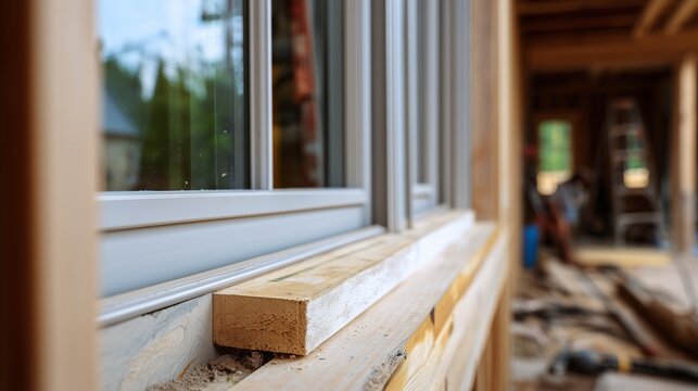 Close-up of a window frame during replacement showing glazing bead, seal, and construction site context for window replacement and glazing work.