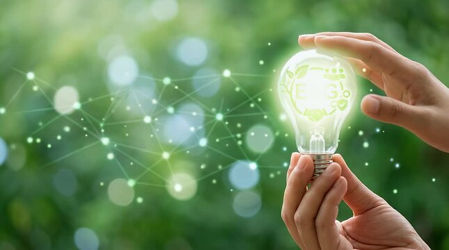 A person gently holds a glowing light bulb featuring an ESG symbol, while ambient green bokeh surrounds them. The camera slowly zooms in, settling on the illuminated bulb in a serene natural setting.
