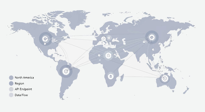 Global network connections on world map.