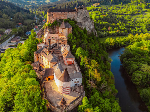 Orava castle or oravsky hrad in Oravsky Podzamok in Slovakia.  Medieval castleon high cliff by the Orava river.