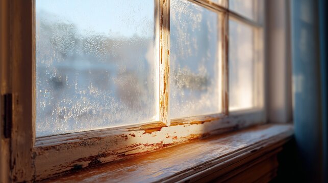 Sunlit old window with fogged new glass pane set in worn wooden frame, suggesting window replacement and energy efficiency upgrade.