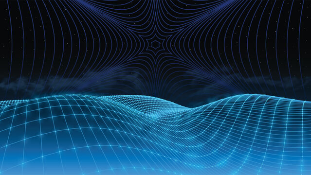 Digital landscape. Cyber wireframe landscape with blue mesh grid, wavy terrain and glowing topographical surface. Futuristic 3D net topography, data flow waves, virtual ocean vector background