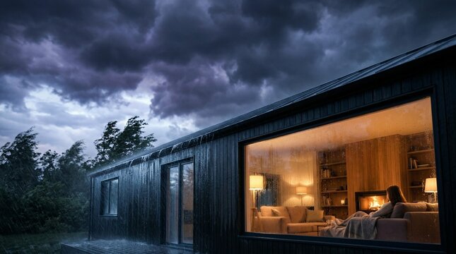 Split scene- dark storm hitting a house vs warm light glowing safely inside
