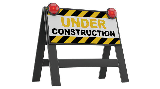 3d rendering of an under construction sign with red lights on a transparent background